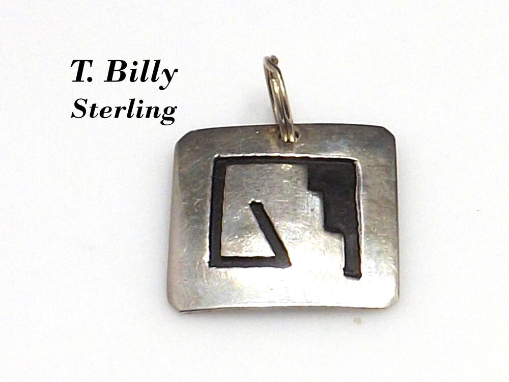 Navajo T. Billy Sterling Silver Pendant, Black Enamel, 1970s Vintage Jewelry